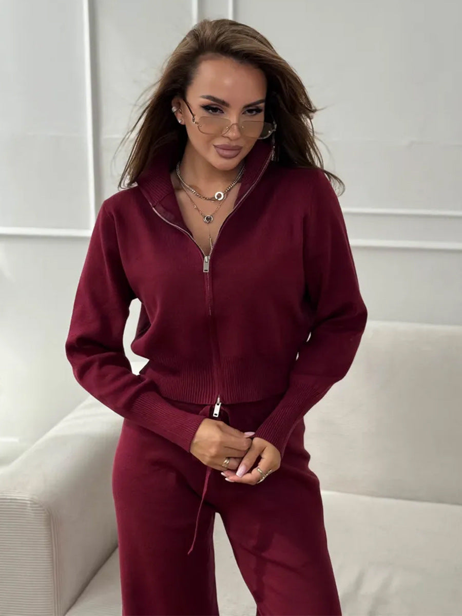 ISLA | 2-TEILIGES STRICKSET – WEITE HOSE MIT KORDELZUG UND REISSVERSCHLUSS-JACKE