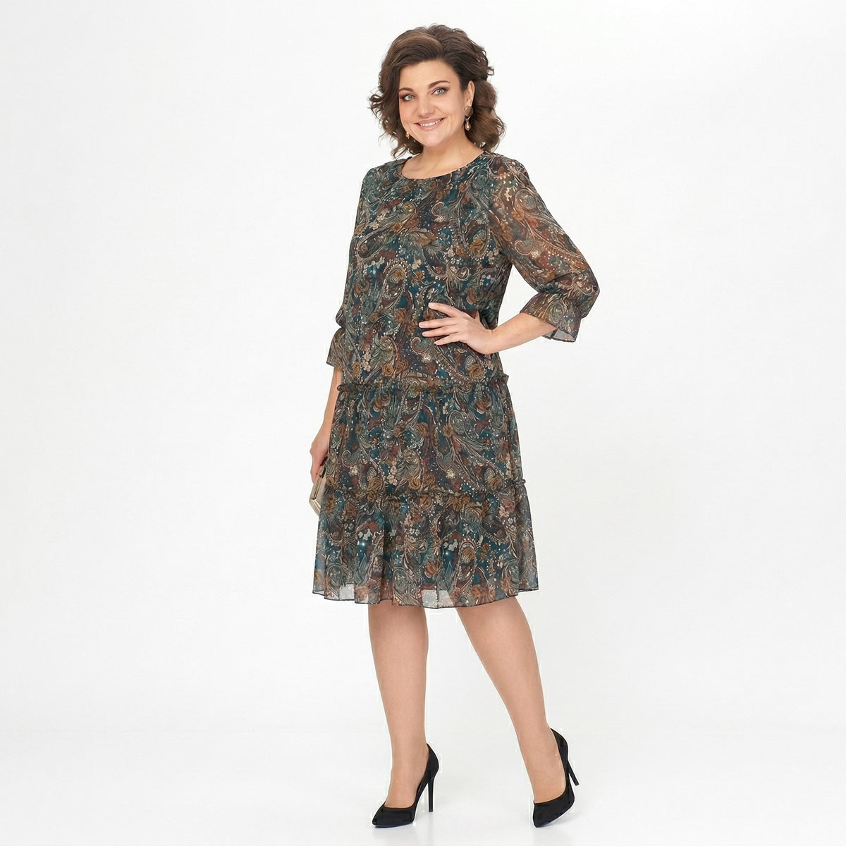 NOREEN | MIDI-KLEID AUS CHIFFON MIT PAISLEY-MUSTER UND BAUCH-KASCHIERUNG