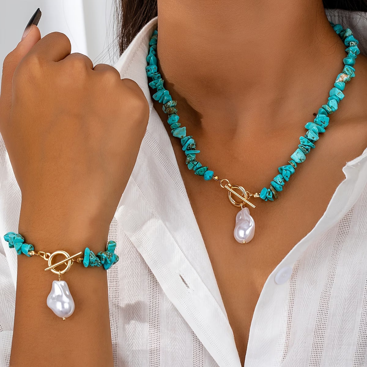 TURQUELLE | TÜRKIS & PERLEN HALSKETTE ARMBAND SET