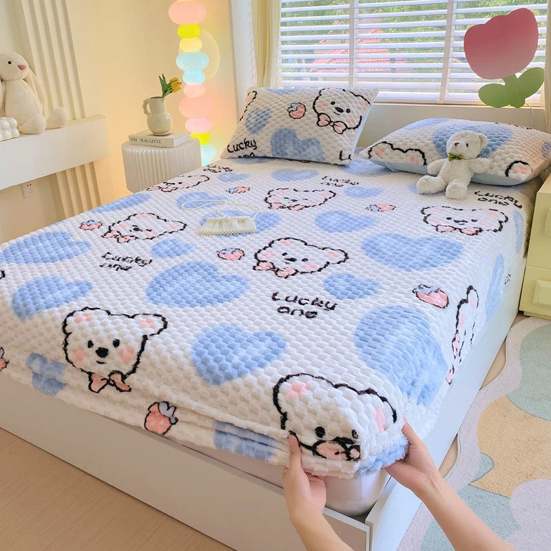 LUCKYBEAR | NIEDLICHES BLAUES PLÜSCH-BETTWÄSCHESET