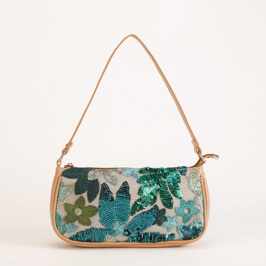 EMERALDBLOOM | GRÜNE SCHULTERTASCHE MIT PAILETTENBLÜTEN