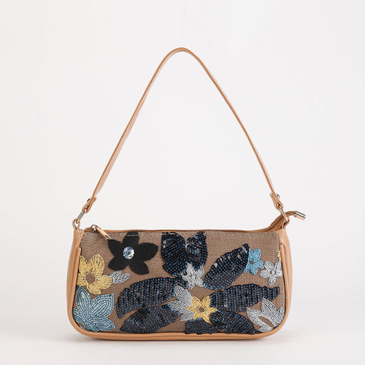 MIDNIGHTPETAL | MARINEBLAUE SCHULTERTASCHE MIT BLUMEN-PAILLETTEN