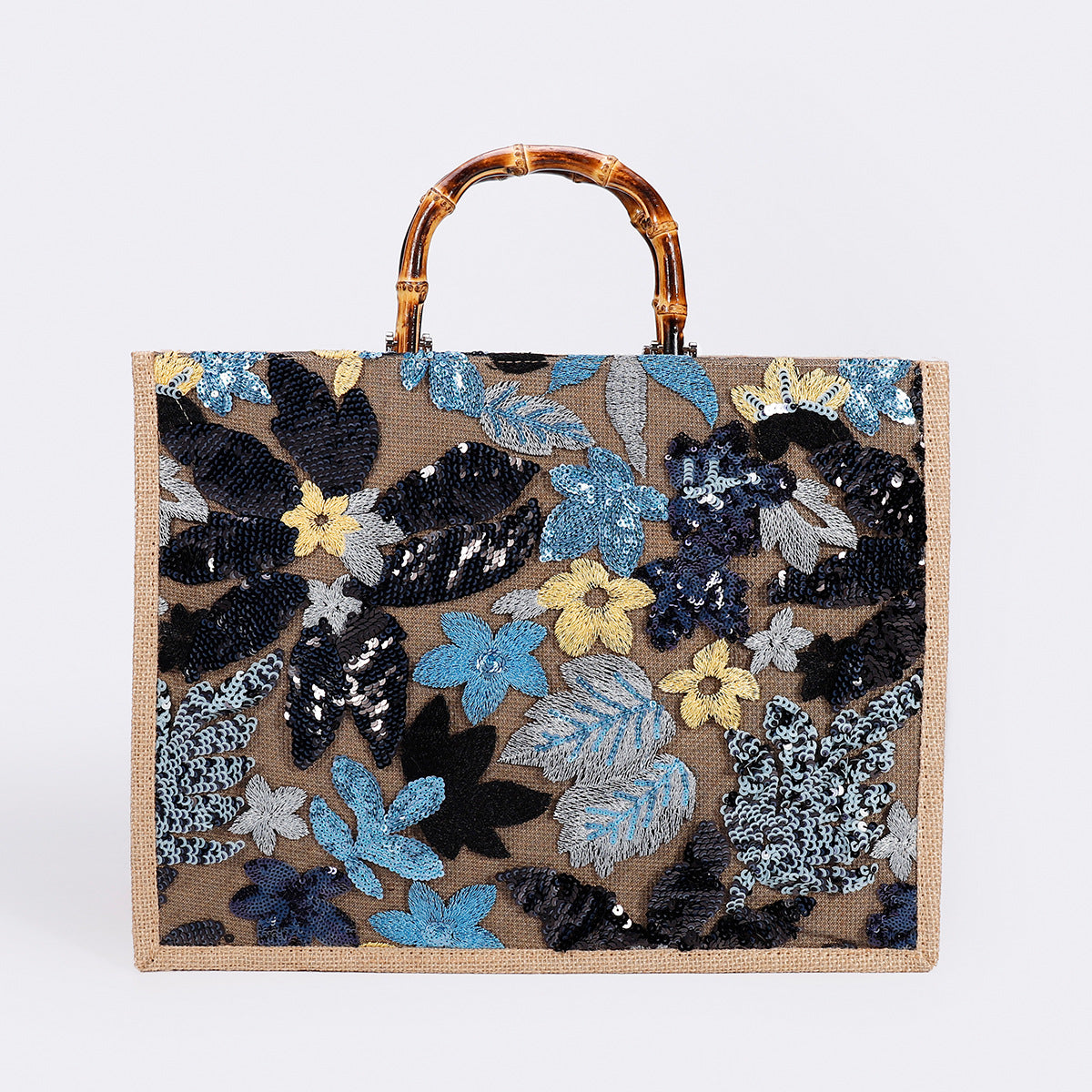 MIDNIGHTBLOOM | BLAUE TASCHE MIT BLUMENPAILLETTEN UND BAMBUSGRIFF