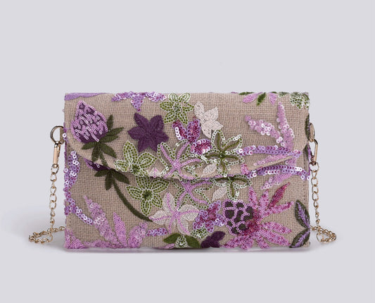 LAVENDERMEADOW | FLORALE CLUTCH-UMHÄNGETASCHE MIT PAILLETTEN