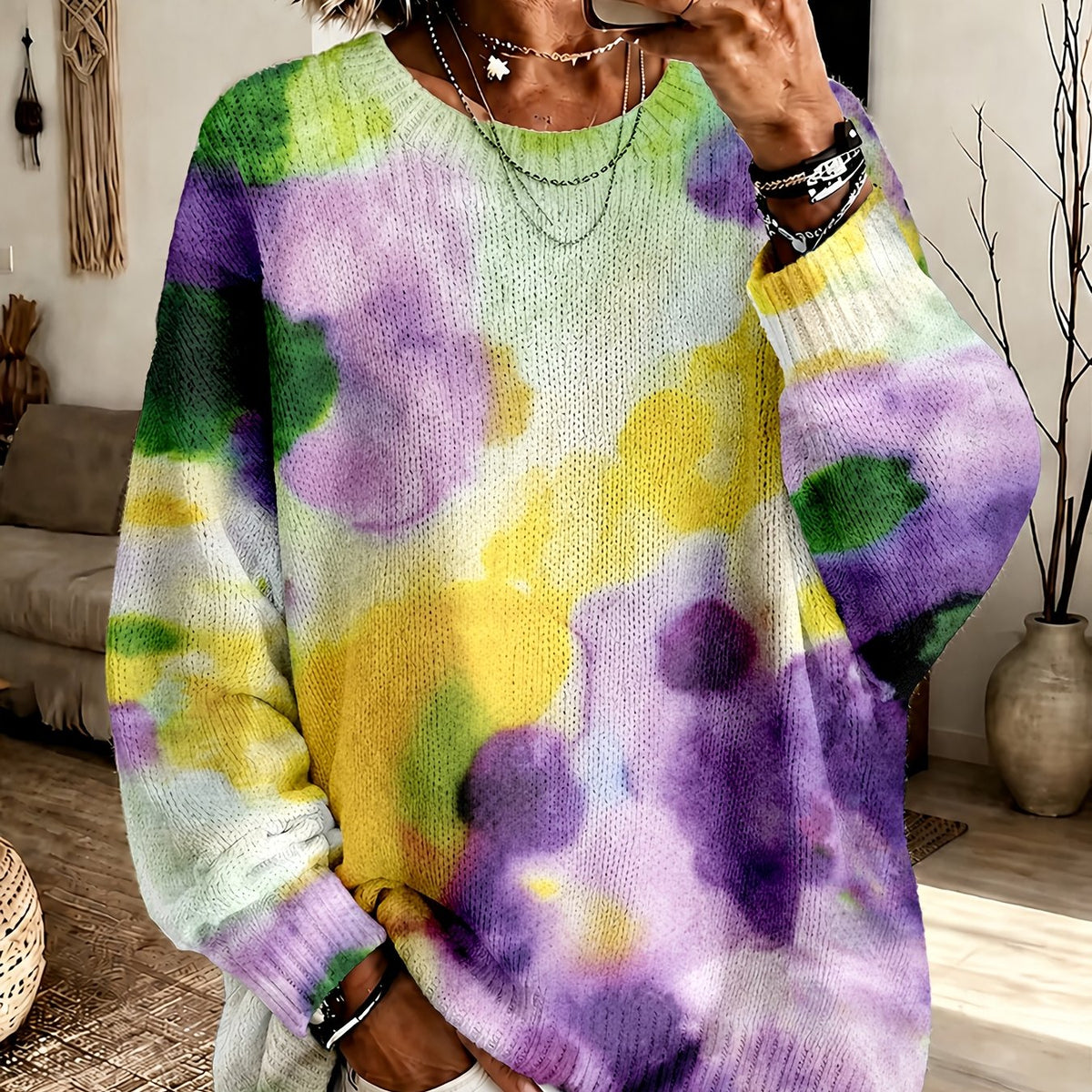 VIOLETTA | LILA TIE-DYE BLUMEN-PULLOVER MIT RUNDAUSSCHNITT