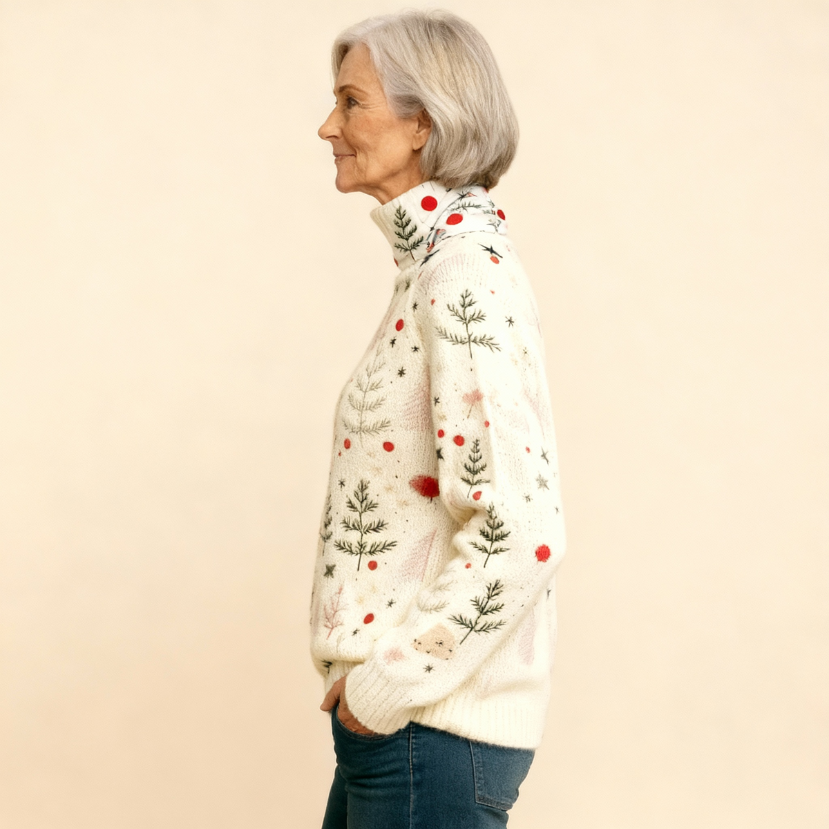 ELFENBEIN | WEIHNACHTS-STRICKROLLKRAGENPULLOVER