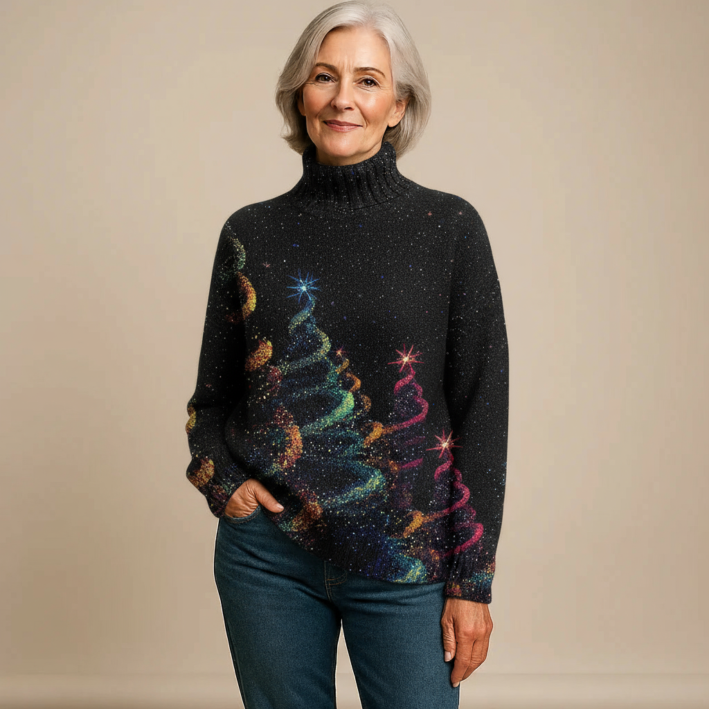 ELLA | GLITZER-STRICKROLLKRAGENPULLOVER MIT WEIHNACHTSBAUM-MOTIV