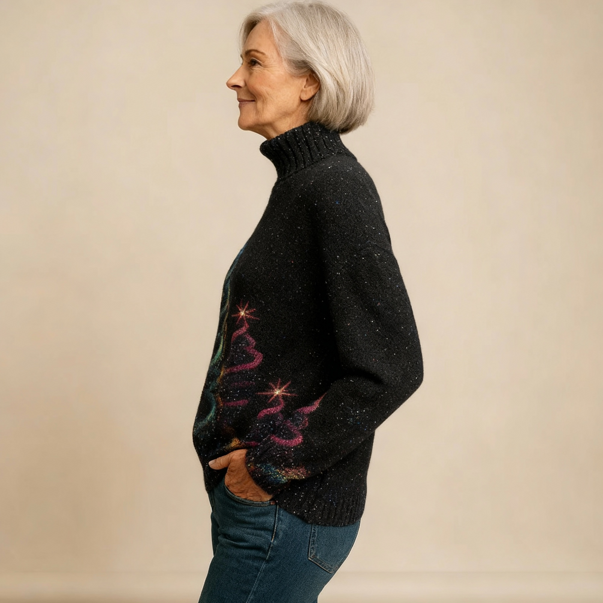 ELLA | GLITZER-STRICKROLLKRAGENPULLOVER MIT WEIHNACHTSBAUM-MOTIV