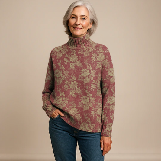 HARRIET | STRICK-ROLLKRAGENPULLOVER MIT RETRO-ROSENMUSTER