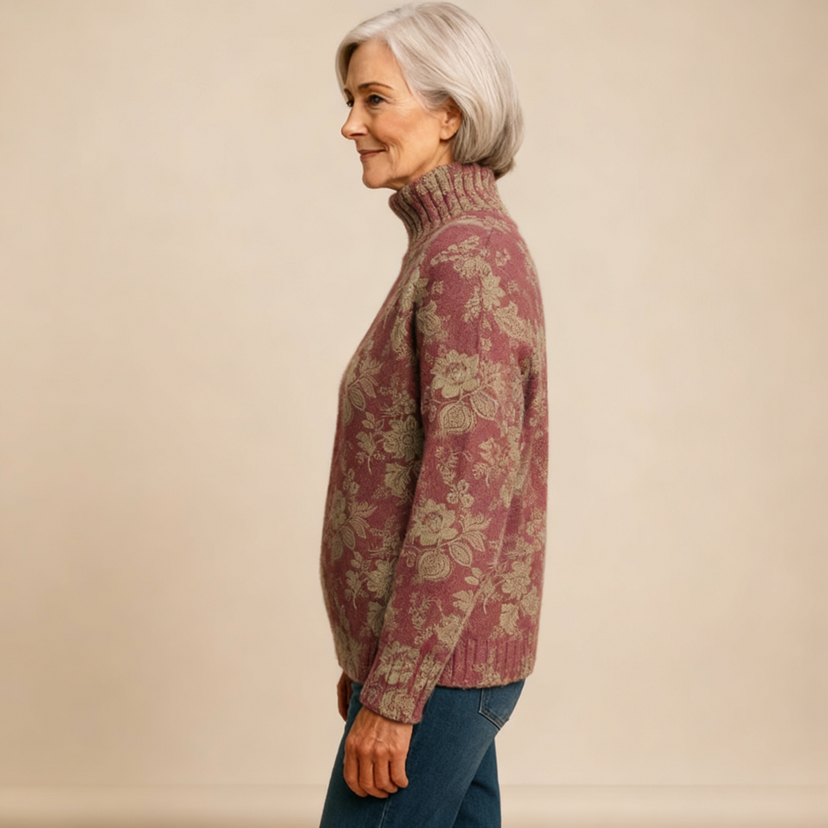 HARRIET | STRICK-ROLLKRAGENPULLOVER MIT RETRO-ROSENMUSTER