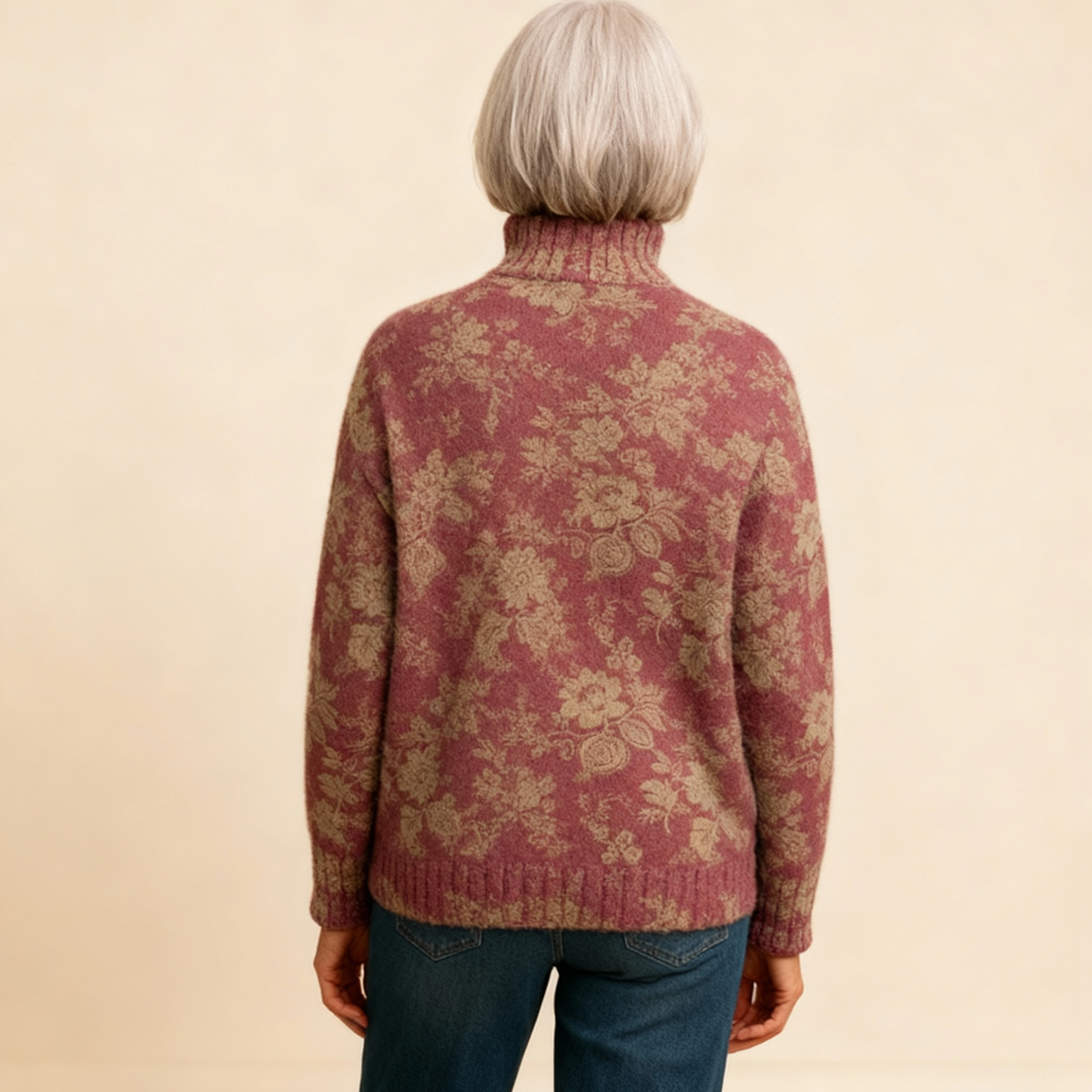 HARRIET | STRICK-ROLLKRAGENPULLOVER MIT RETRO-ROSENMUSTER