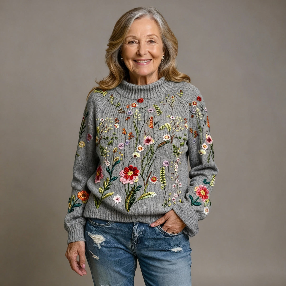 FREYA | KLASSISCHER VINTAGE-STRICKPULLOVER MIT BLUMENMUSTER