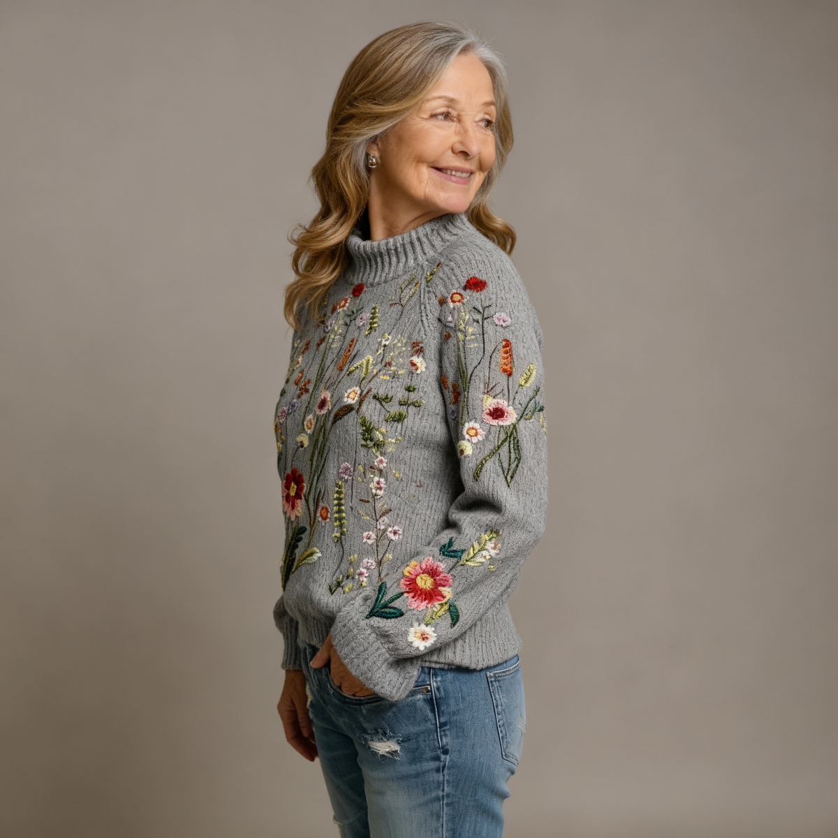 FREYA | KLASSISCHER VINTAGE-STRICKPULLOVER MIT BLUMENMUSTER