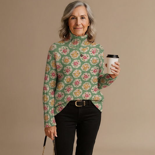 BEATRICE | DAMEN-PULLOVER MIT SCHÖNEM BLUMEN-KUNSTDRUCK, GESTRICKT, MIT ROLLKRAGEN