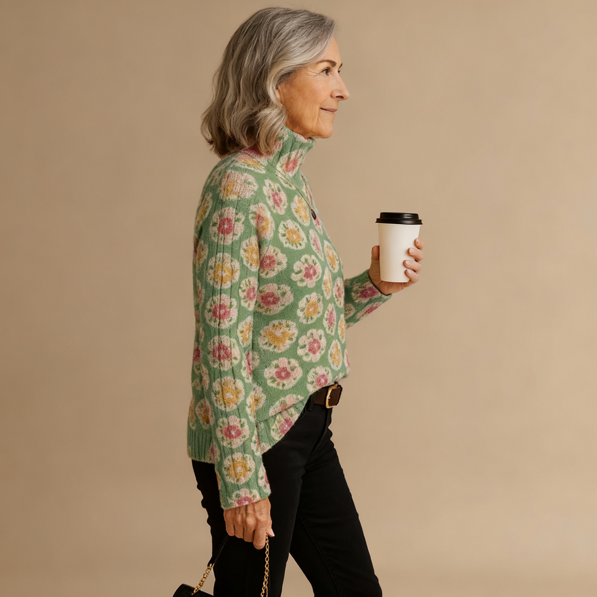BEATRICE | DAMEN-PULLOVER MIT SCHÖNEM BLUMEN-KUNSTDRUCK, GESTRICKT, MIT ROLLKRAGEN