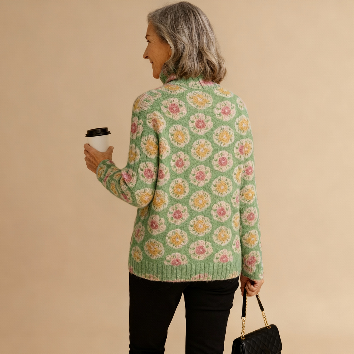 BEATRICE | DAMEN-PULLOVER MIT SCHÖNEM BLUMEN-KUNSTDRUCK, GESTRICKT, MIT ROLLKRAGEN
