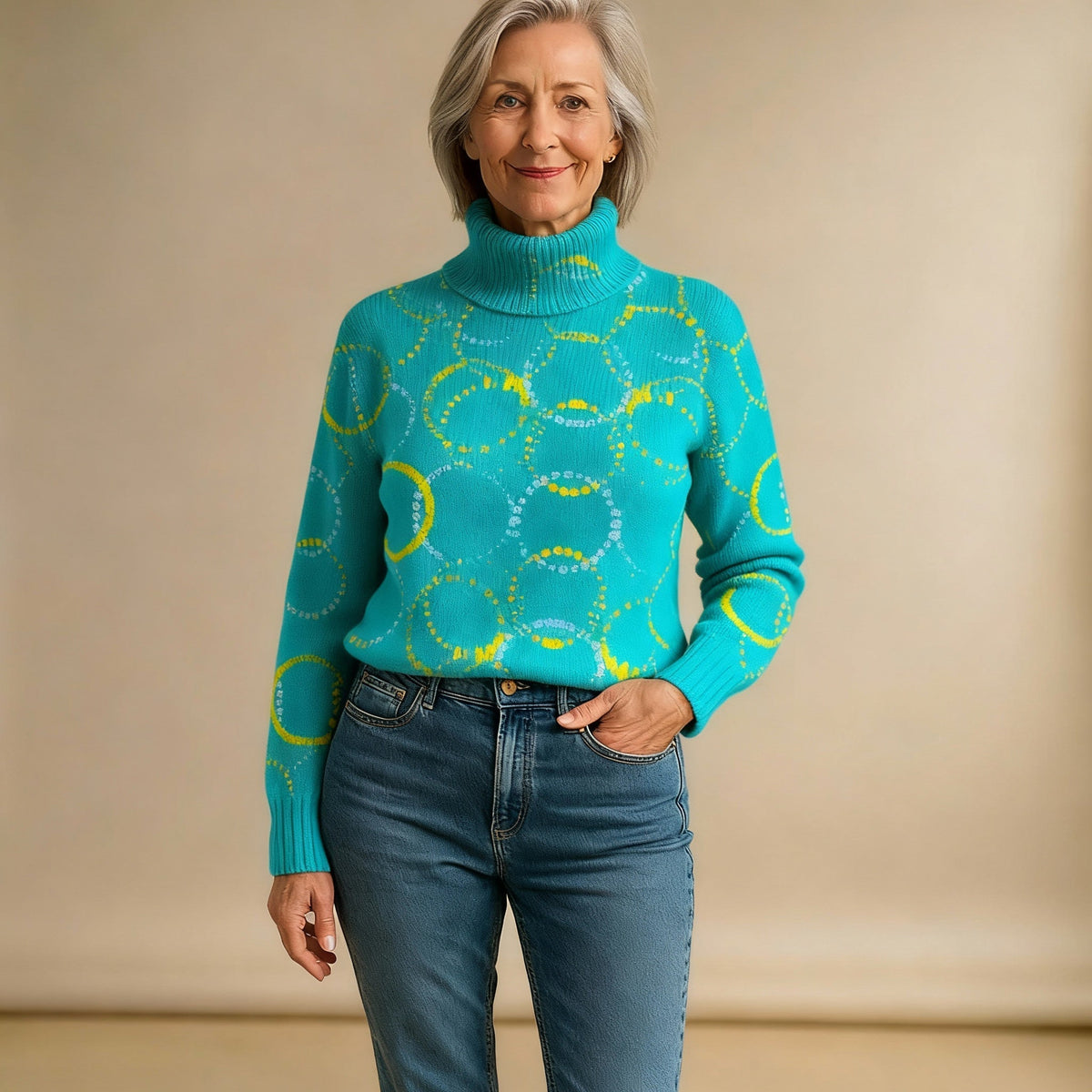 MATILDA | STRICKPULLOVER MIT ROLLKRAGEN UND BRIGHT CIRCLE-KUNSTDRUCK