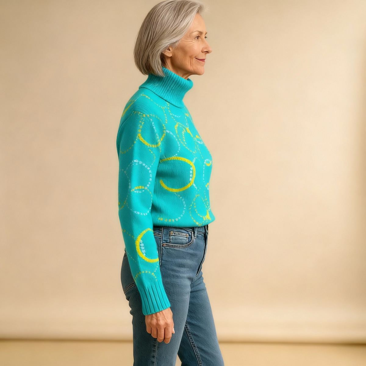 MATILDA | STRICKPULLOVER MIT ROLLKRAGEN UND BRIGHT CIRCLE-KUNSTDRUCK