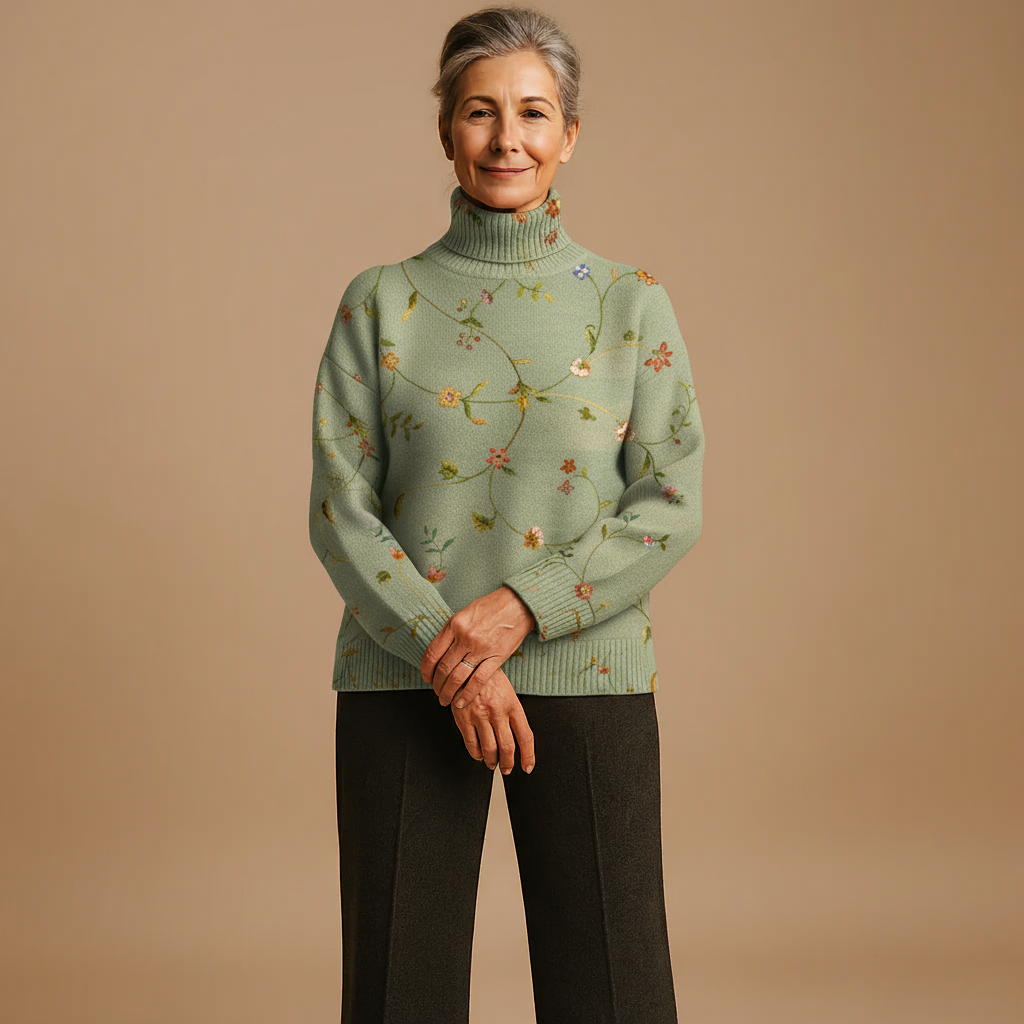 FLORENCE | VINTAGE-PULLOVER MIT BLUMENMUSTER, SCHILDKRÖTENKRAGEN, GESTRICKT