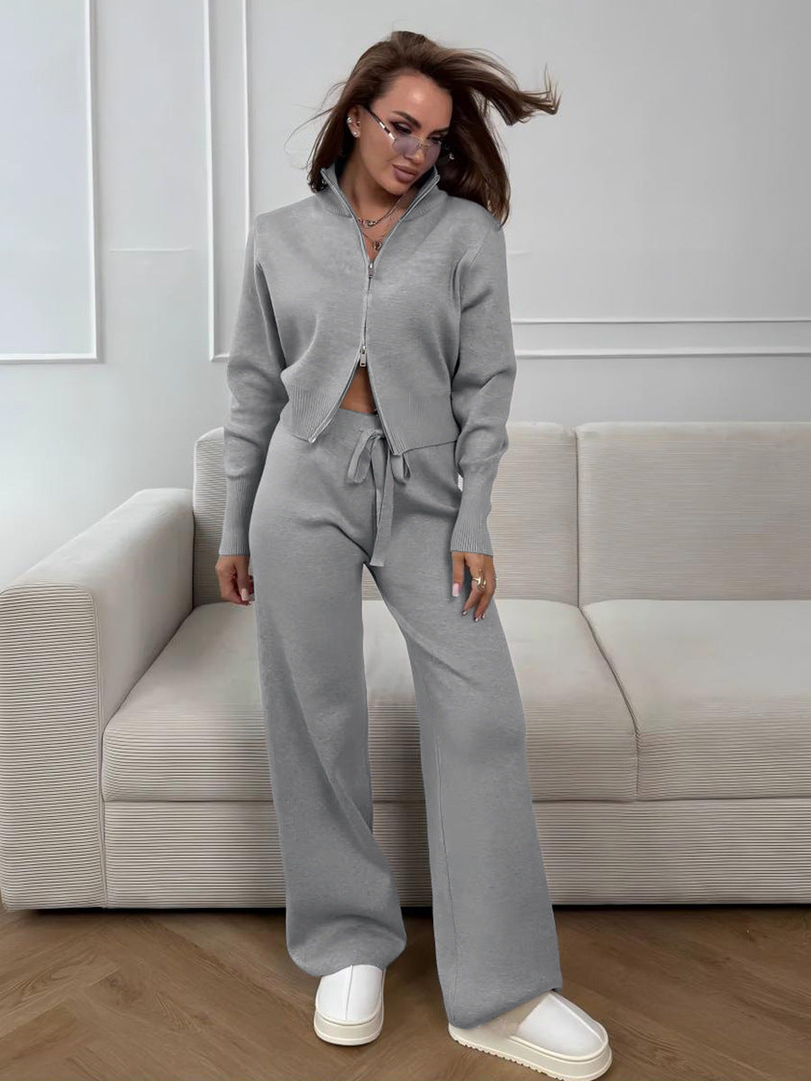 ISLA | 2-TEILIGES STRICKSET – WEITE HOSE MIT KORDELZUG UND REISSVERSCHLUSS-JACKE