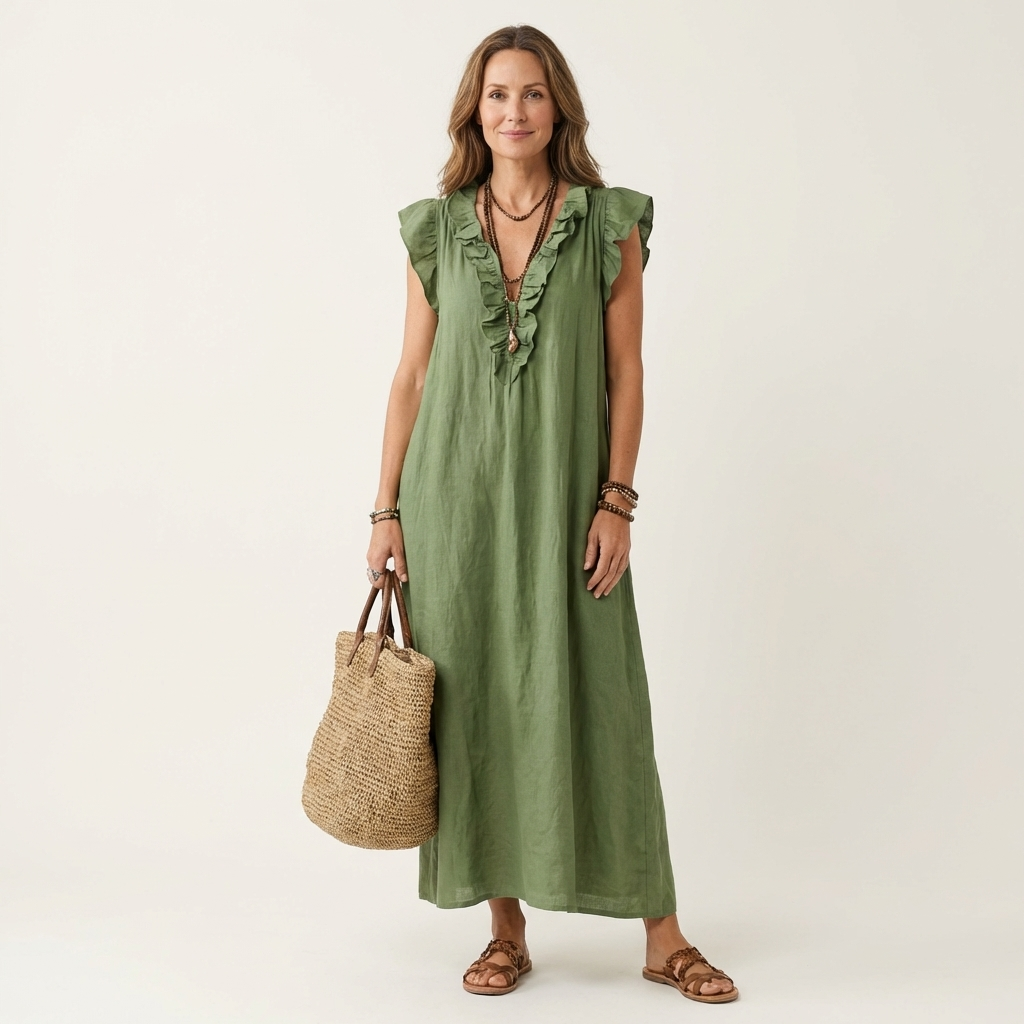 JOSETTE | ELEGANTES MAXIKLEID MIT V-AUSSCHNITT UND RÜSCHEN