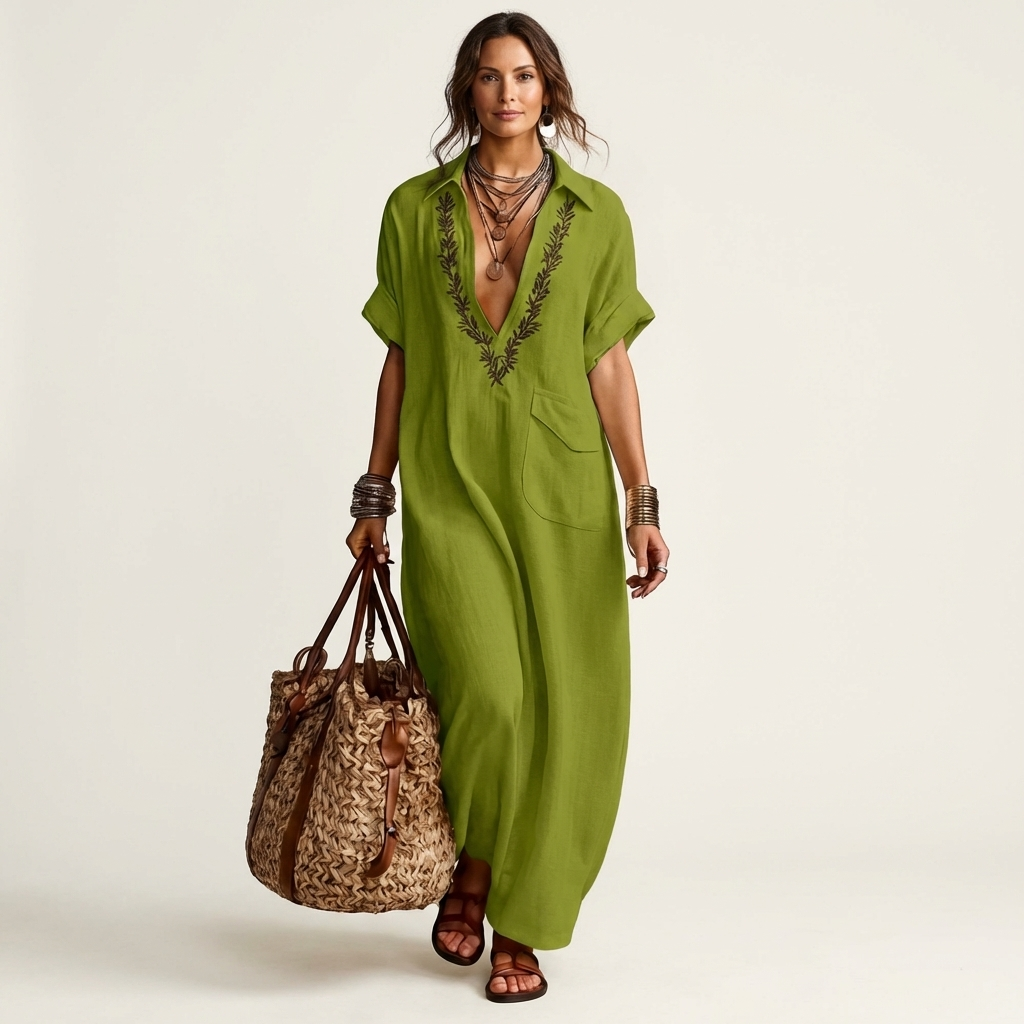 PETRA | MAXIKLEID MIT BESTICKTEM V-AUSSCHNITT