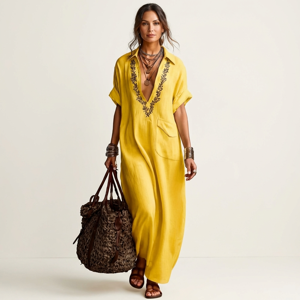 PETRA | MAXIKLEID MIT BESTICKTEM V-AUSSCHNITT