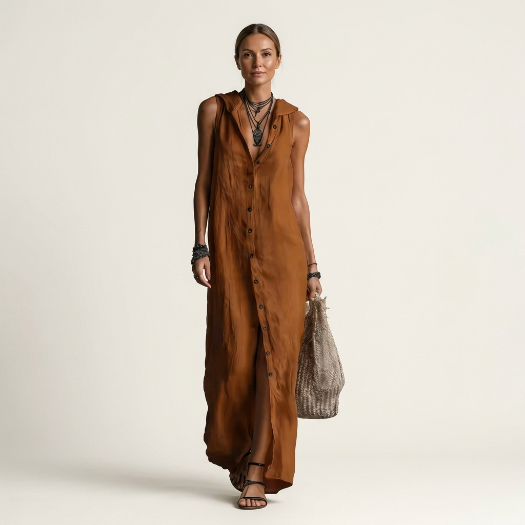 VALENTINA | ÄRMELLOSES MAXIKLEID MIT KAPUZE UND DURCHGEHENDER KNOPFLEISTE
