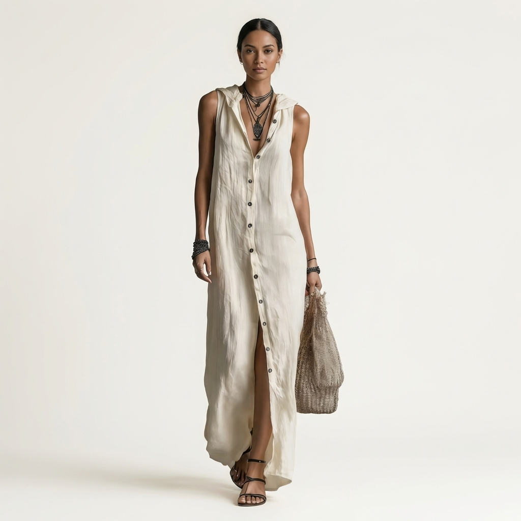 VALENTINA | ÄRMELLOSES MAXIKLEID MIT KAPUZE UND DURCHGEHENDER KNOPFLEISTE