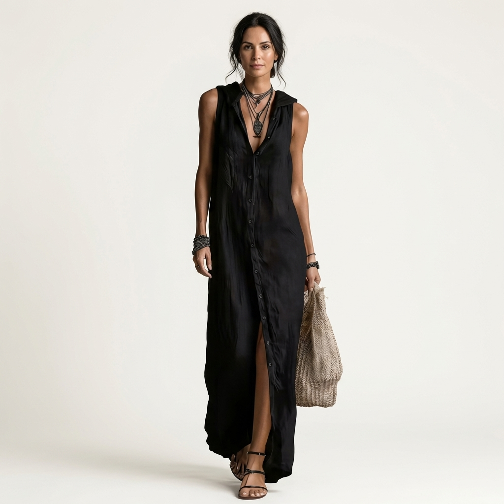 VALENTINA | ÄRMELLOSES MAXIKLEID MIT KAPUZE UND DURCHGEHENDER KNOPFLEISTE
