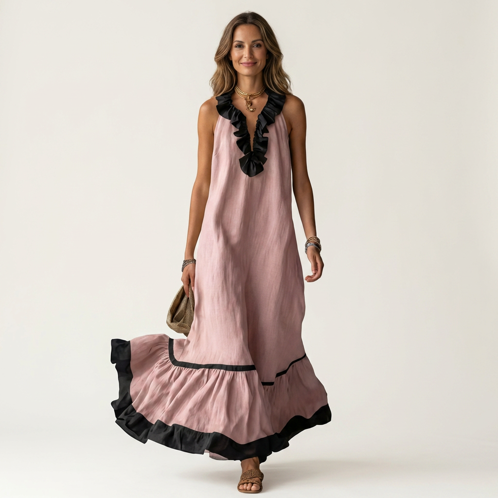 SERAPHINA | ÄRMELLOSES MAXIKLEID MIT RÜSCHENKRAGEN UND KONTRASTIERENDEM SAUM