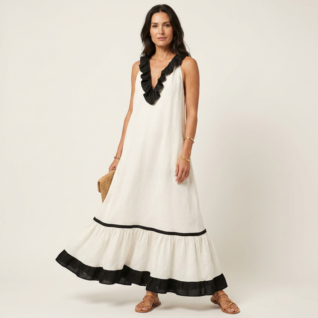SERAPHINA | ÄRMELLOSES MAXIKLEID MIT RÜSCHENKRAGEN UND KONTRASTIERENDEM SAUM