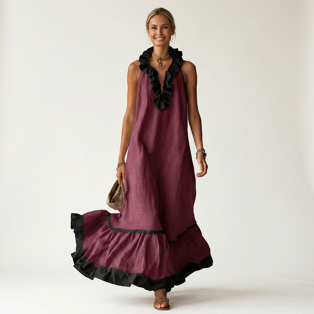 SERAPHINA | ÄRMELLOSES MAXIKLEID MIT RÜSCHENKRAGEN UND KONTRASTIERENDEM SAUM