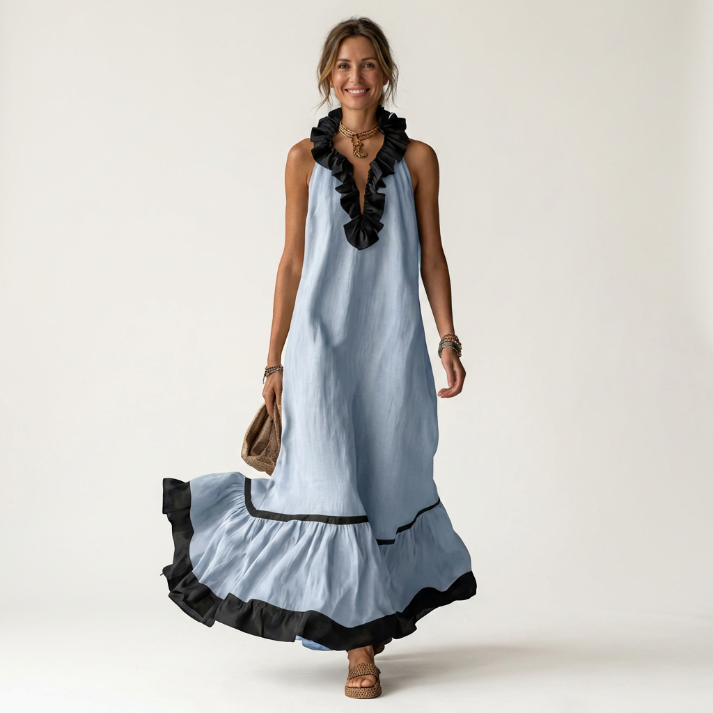 SERAPHINA | ÄRMELLOSES MAXIKLEID MIT RÜSCHENKRAGEN UND KONTRASTIERENDEM SAUM