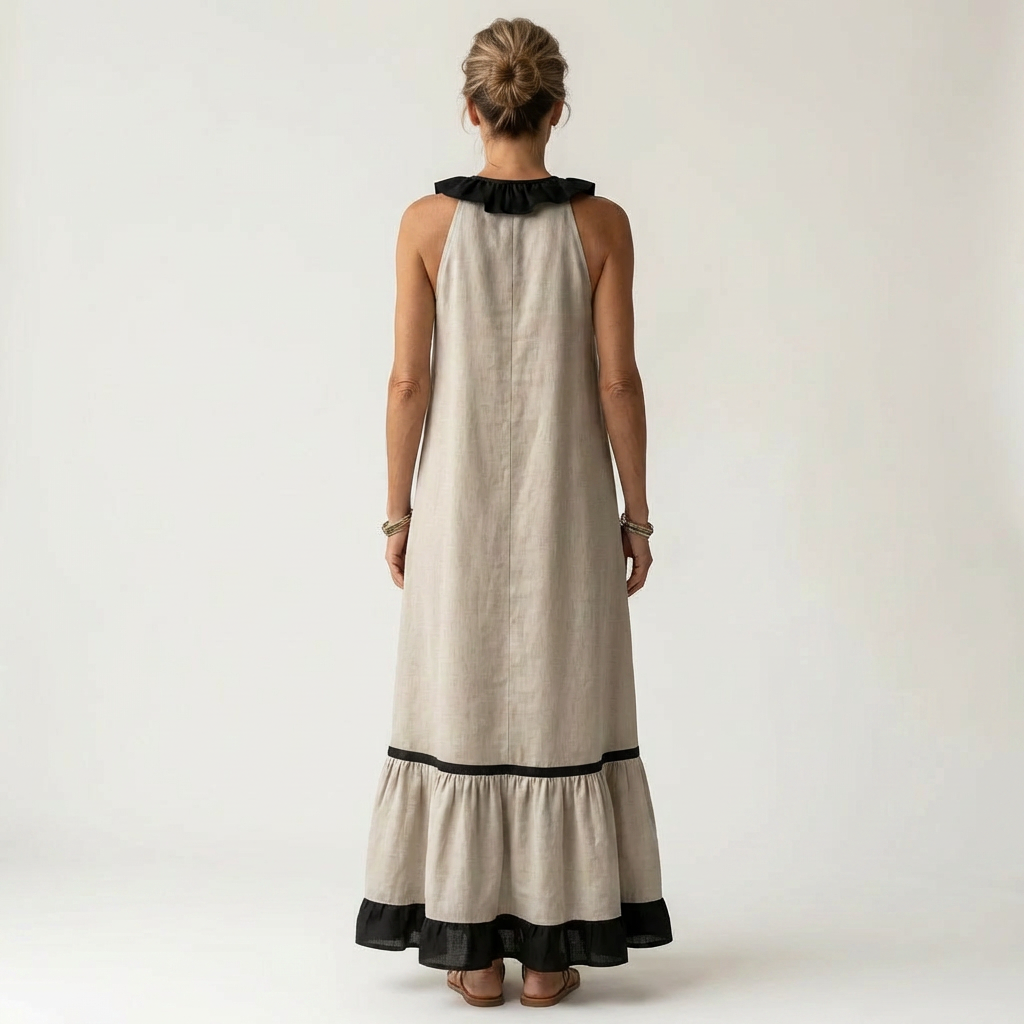 SERAPHINA | ÄRMELLOSES MAXIKLEID MIT RÜSCHENKRAGEN UND KONTRASTIERENDEM SAUM