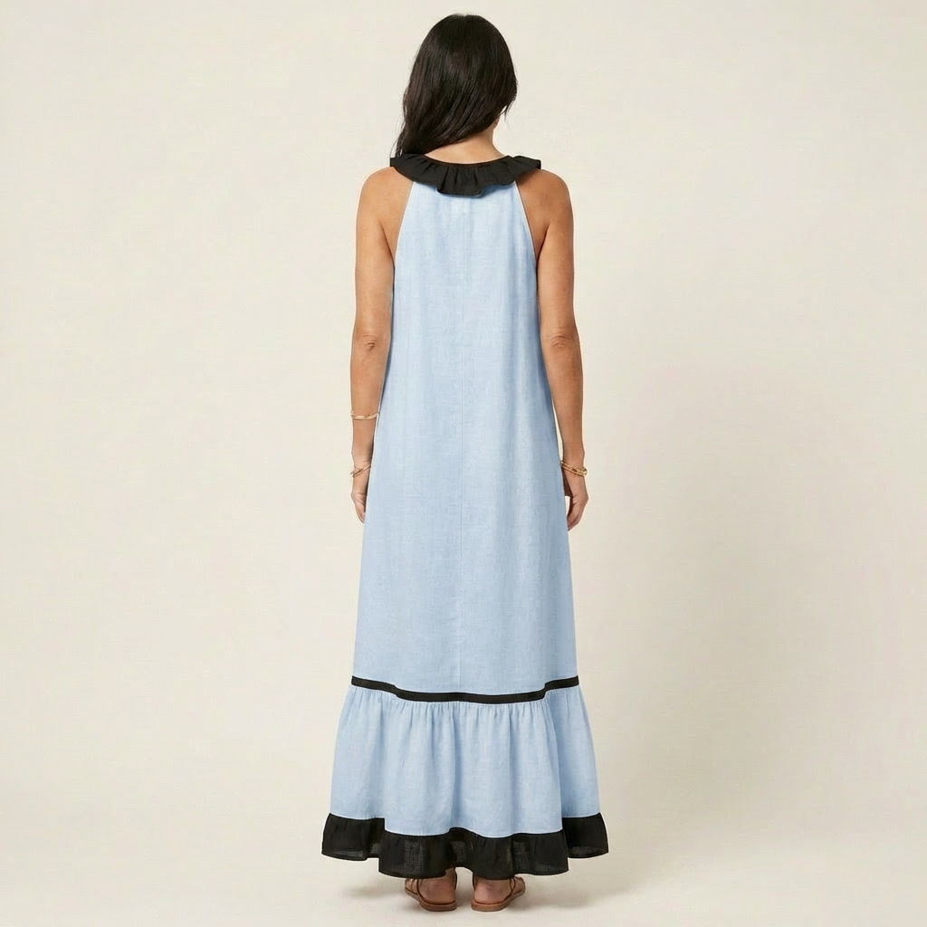 SERAPHINA | ÄRMELLOSES MAXIKLEID MIT RÜSCHENKRAGEN UND KONTRASTIERENDEM SAUM