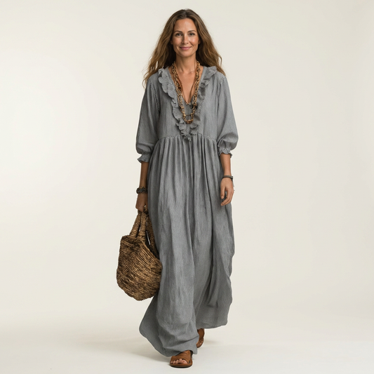 PALOMA | MAXIKLEID MIT RÜSCHEN, V-AUSSCHNITT, STREIFENMUSTER UND BALLONÄRMELN