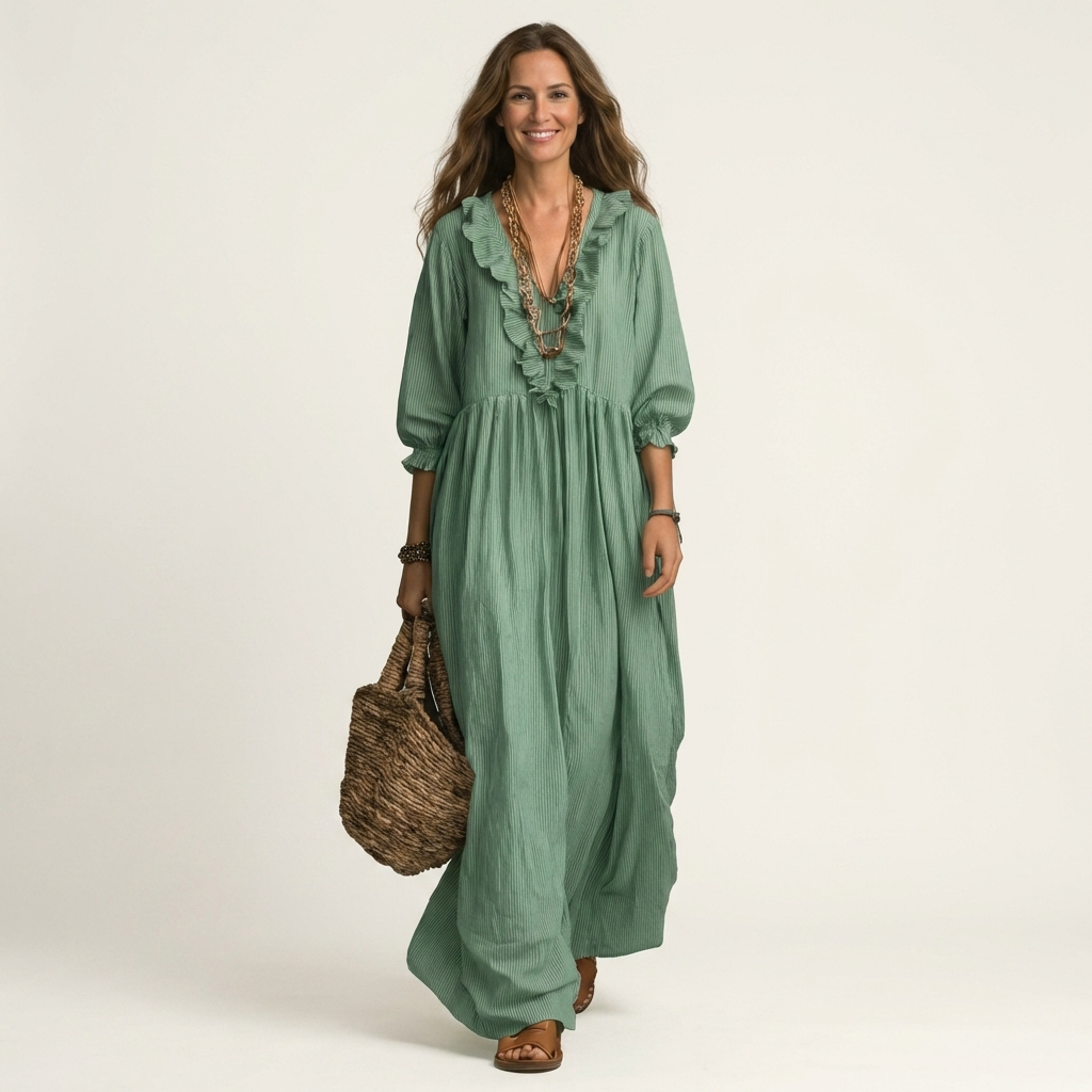 PALOMA | MAXIKLEID MIT RÜSCHEN, V-AUSSCHNITT, STREIFENMUSTER UND BALLONÄRMELN