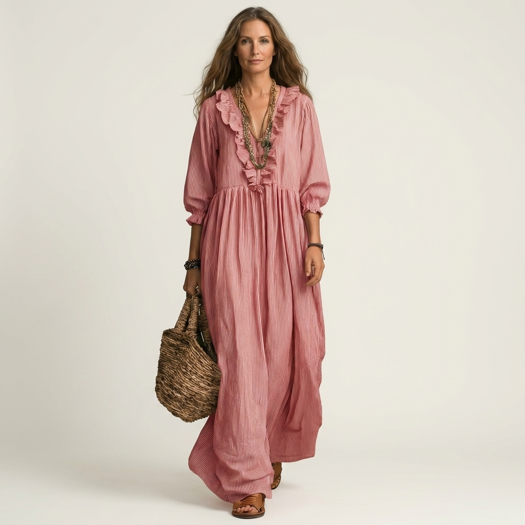 PALOMA | MAXIKLEID MIT RÜSCHEN, V-AUSSCHNITT, STREIFENMUSTER UND BALLONÄRMELN