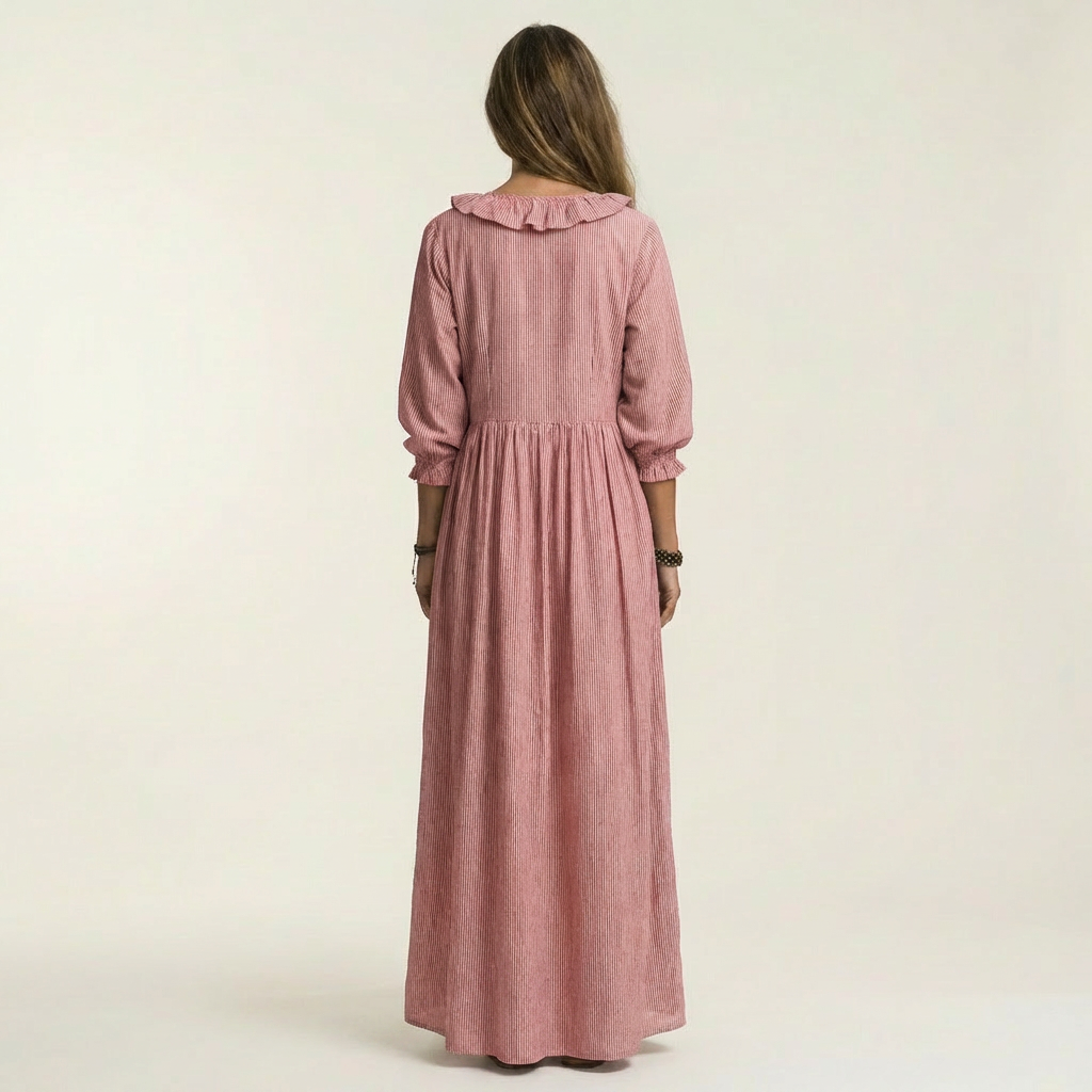PALOMA | MAXIKLEID MIT RÜSCHEN, V-AUSSCHNITT, STREIFENMUSTER UND BALLONÄRMELN