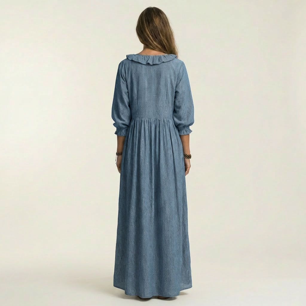 PALOMA | MAXIKLEID MIT RÜSCHEN, V-AUSSCHNITT, STREIFENMUSTER UND BALLONÄRMELN