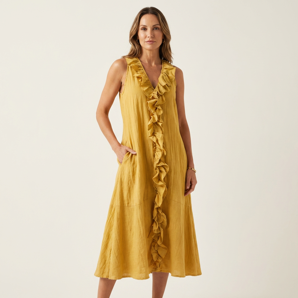 VIOLETTE | MAXIKLEID ÄRMELLOS MIT V-AUSSCHNITT UND RÜSCHENFRONT