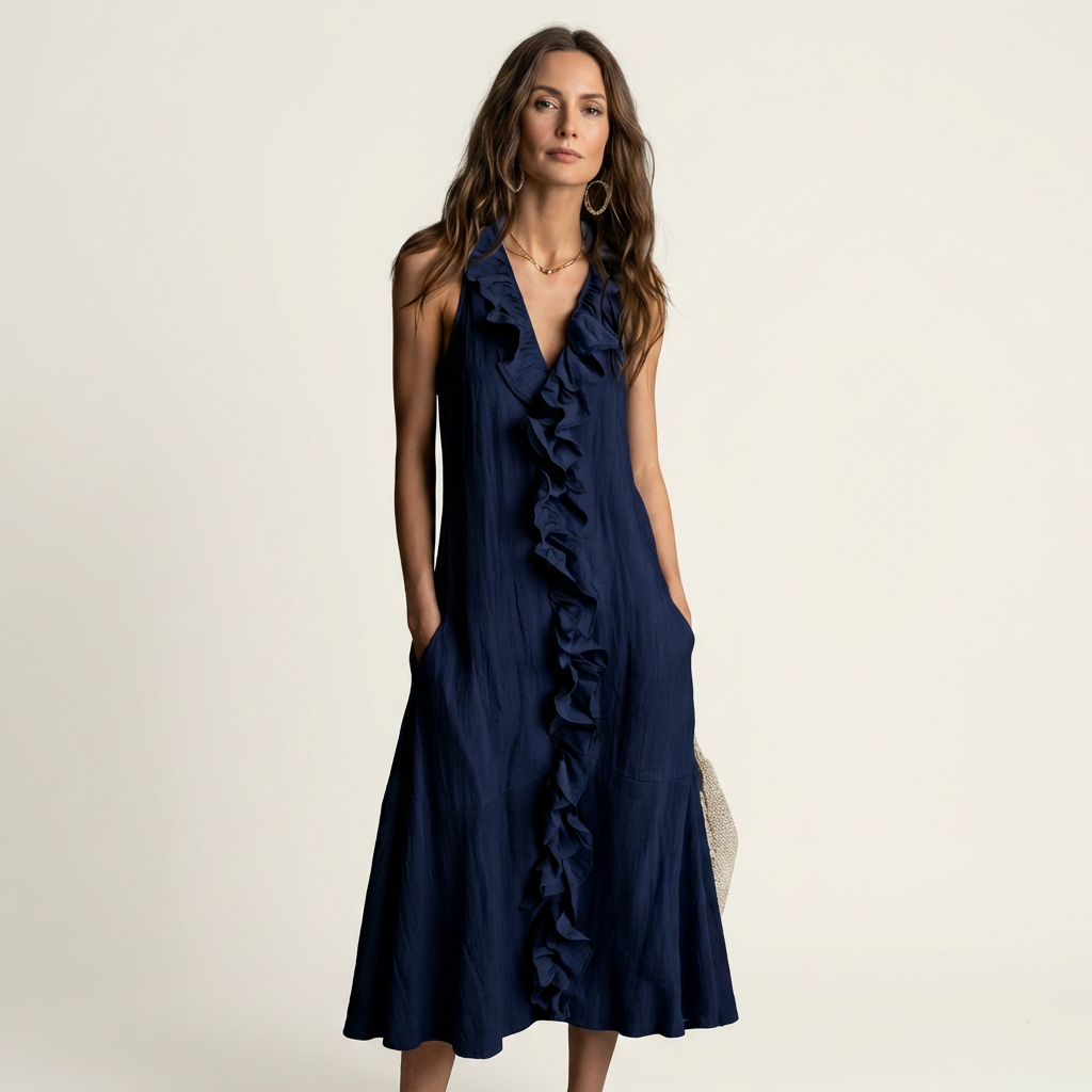 VIOLETTE | MAXIKLEID ÄRMELLOS MIT V-AUSSCHNITT UND RÜSCHENFRONT