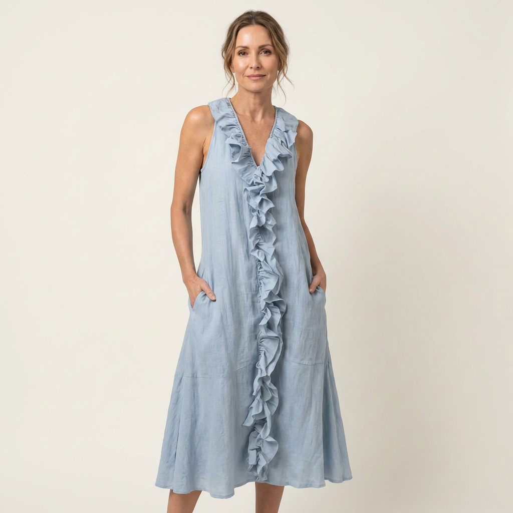 VIOLETTE | MAXIKLEID ÄRMELLOS MIT V-AUSSCHNITT UND RÜSCHENFRONT