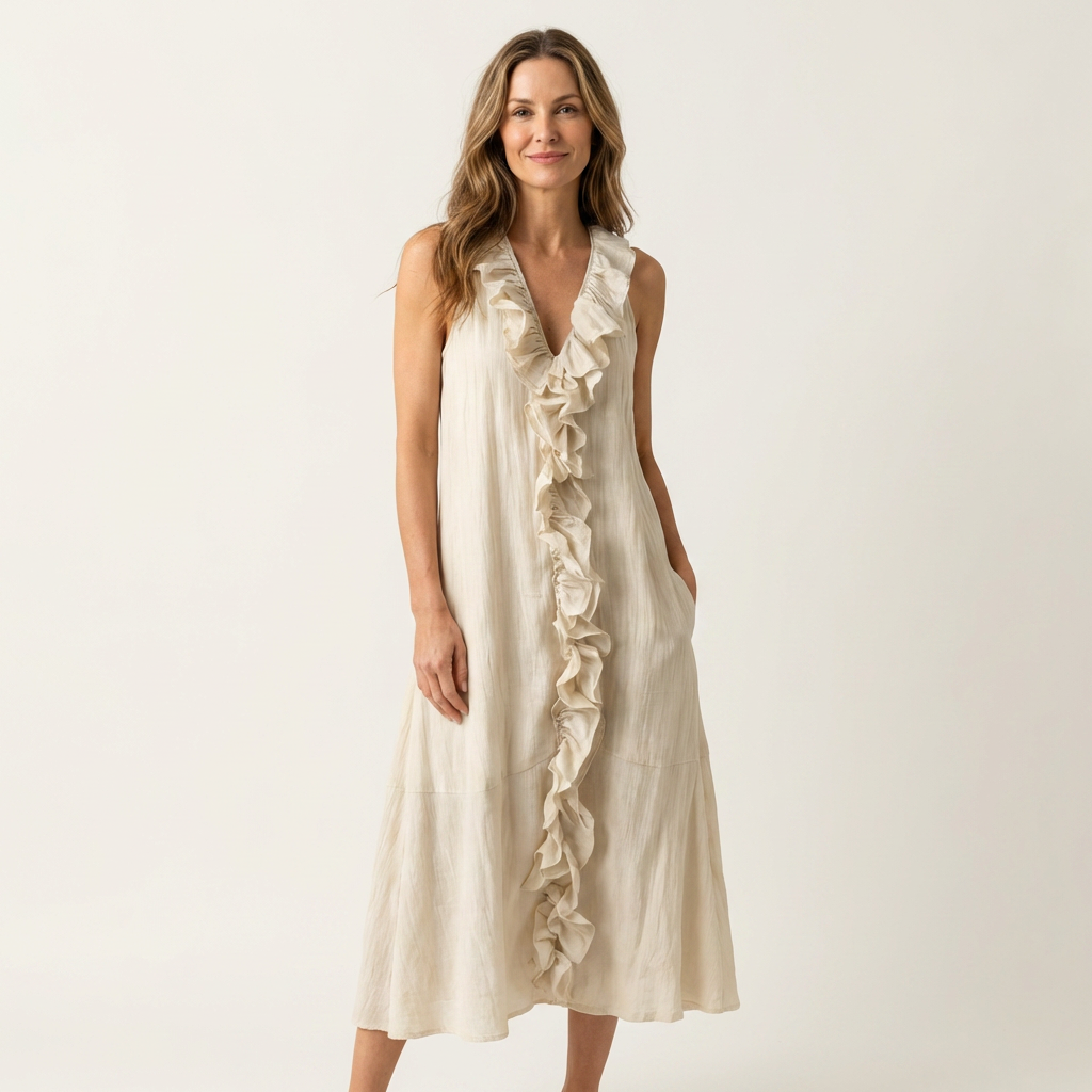 VIOLETTE | MAXIKLEID ÄRMELLOS MIT V-AUSSCHNITT UND RÜSCHENFRONT