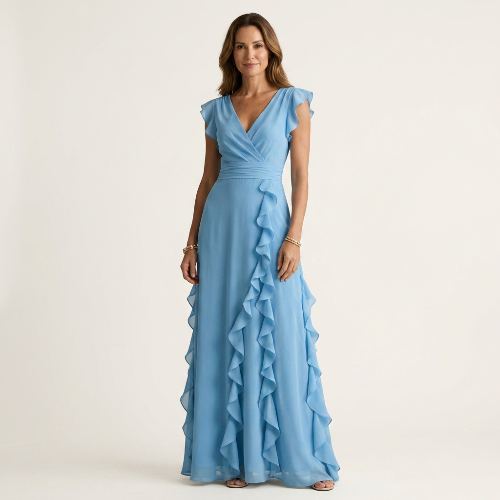 CELESTE | WICKEL-MAXIKLEID MIT V-AUSSCHNITT, FLATTERÄRMELN UND KASKADIERENDEN RÜSCHEN
