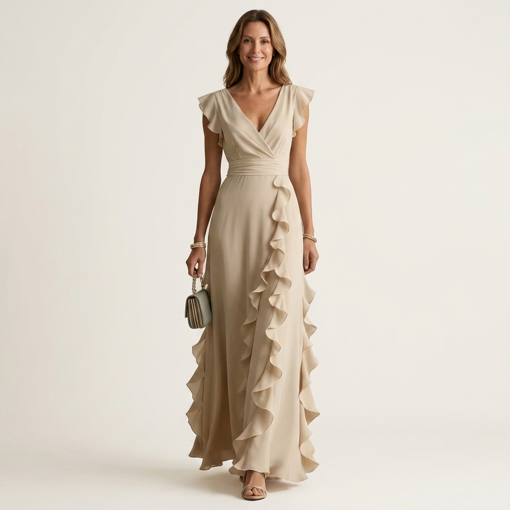CELESTE | WICKEL-MAXIKLEID MIT V-AUSSCHNITT, FLATTERÄRMELN UND KASKADIERENDEN RÜSCHEN