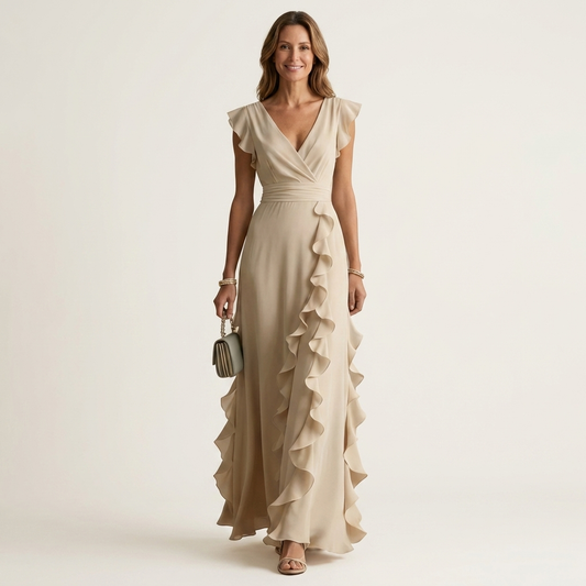 CELESTE | WICKEL-MAXIKLEID MIT V-AUSSCHNITT, FLATTERÄRMELN UND KASKADIERENDEN RÜSCHEN