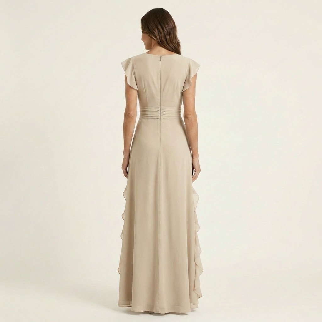 CELESTE | WICKEL-MAXIKLEID MIT V-AUSSCHNITT, FLATTERÄRMELN UND KASKADIERENDEN RÜSCHEN