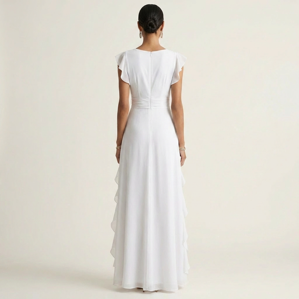 CELESTE | WICKEL-MAXIKLEID MIT V-AUSSCHNITT, FLATTERÄRMELN UND KASKADIERENDEN RÜSCHEN